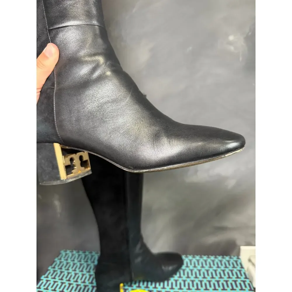 Tory Burch GIGI 55mm Tall Boots Calf Leather Stretch Suede Black Gold Size 8